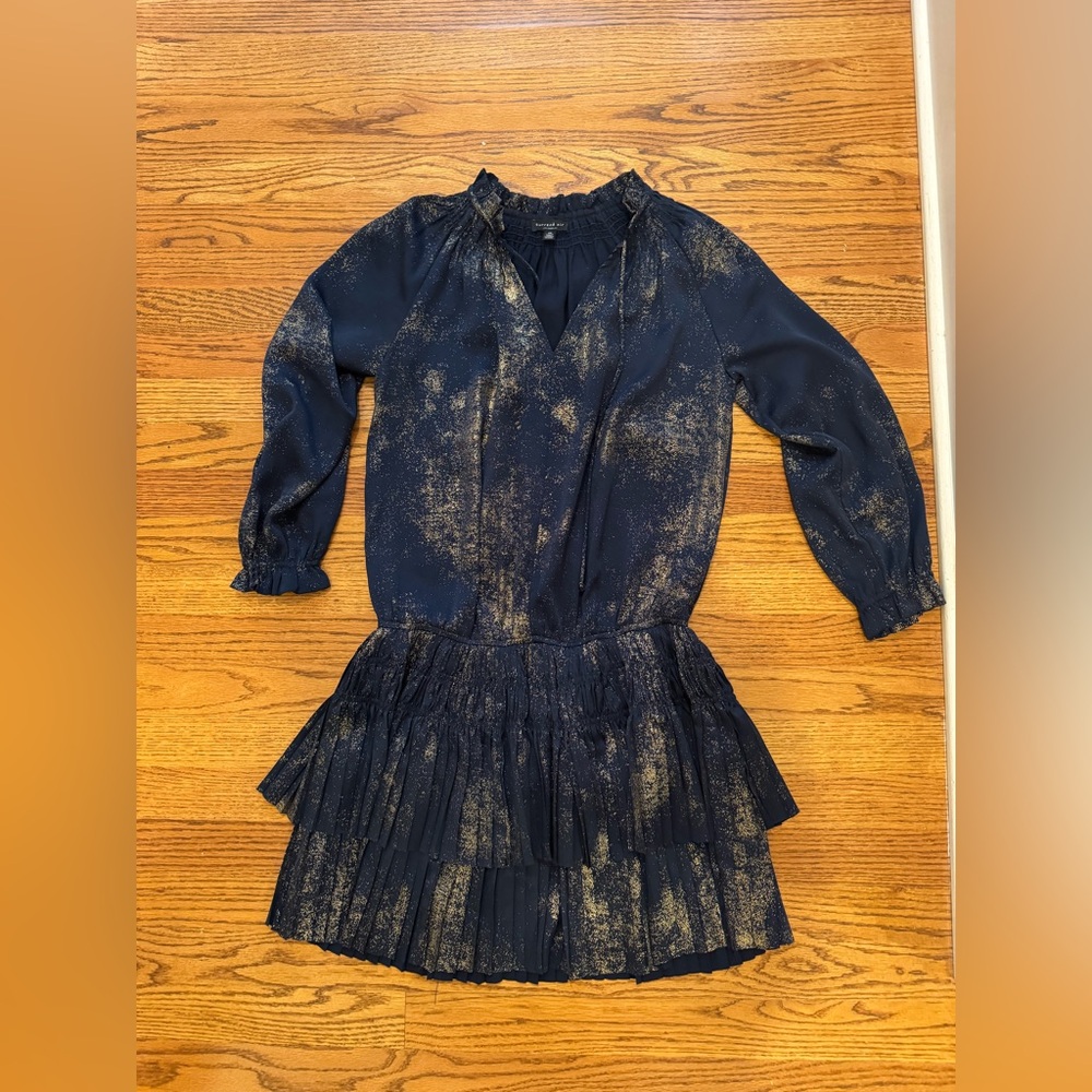 Banana‎ Republic Factory Navy Gold Metallic Pleated Tiered Dress 1690963-1